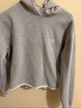 Champion Light Gray Cropped Hoodie with Pink Logo